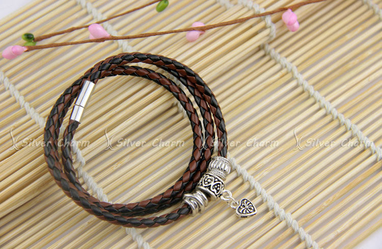 Newest Arrival Silver Plated Charm Leather Bracelet