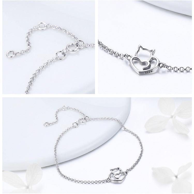 Silver Cat And Heart Chain Bracelets