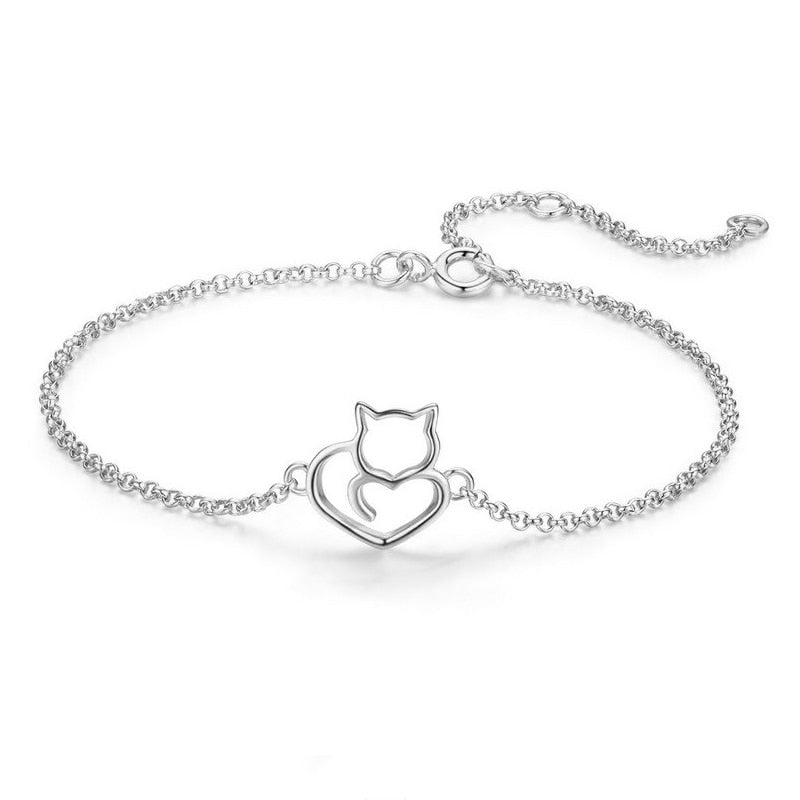 Silver Cat And Heart Chain Bracelets