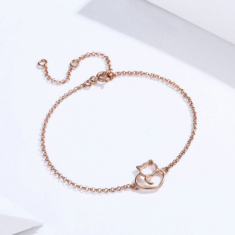 Silver Cat And Heart Chain Bracelets